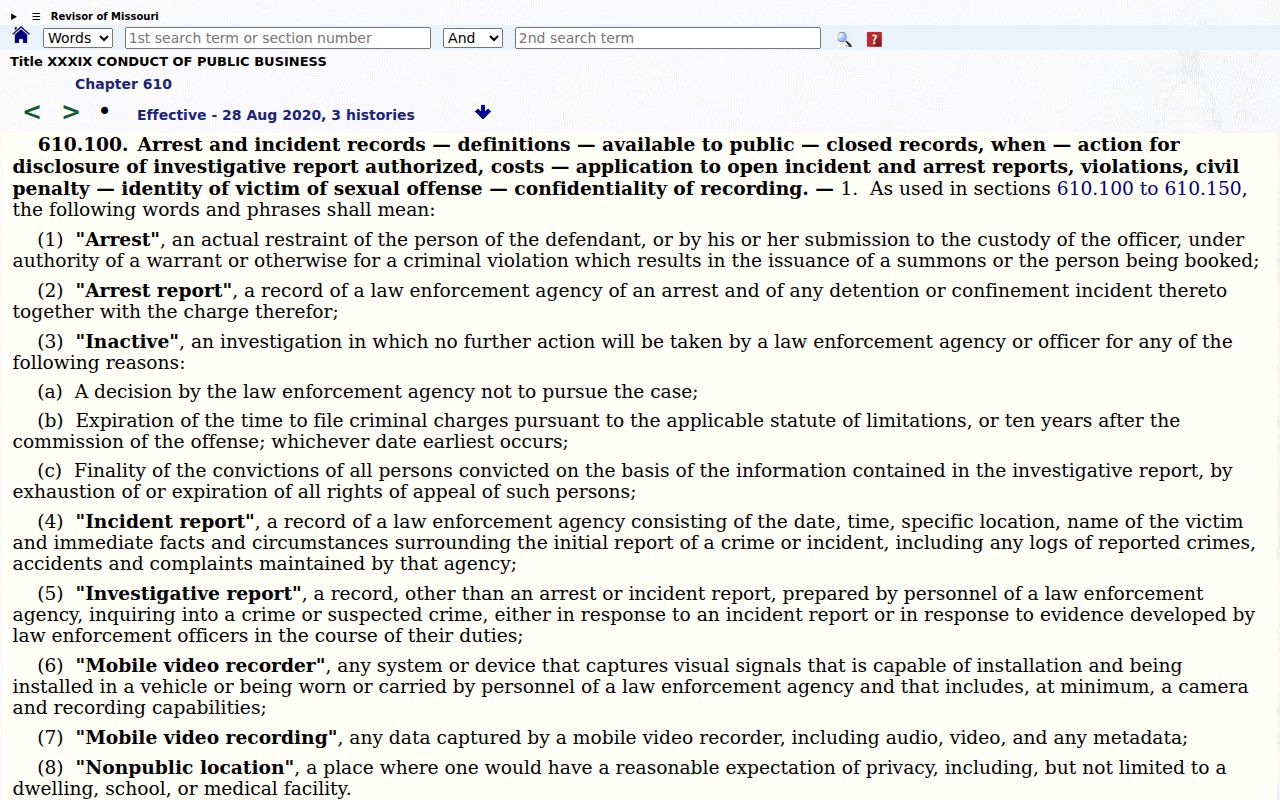 Missouri arrest and incident record law for Shelby County arrest history requests