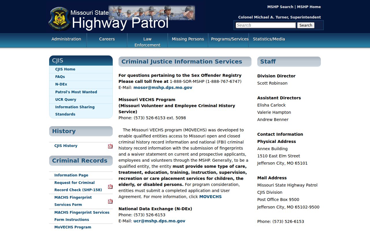 MSHP CJIS official channels for Shelby County arrest history records