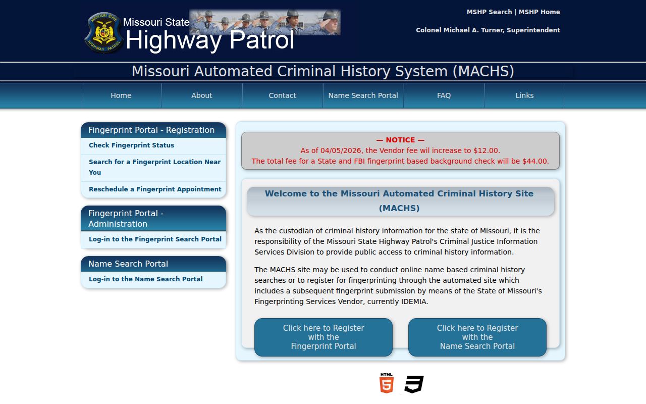 Shelby County criminal history access through the Missouri MACHS fingerprint portal