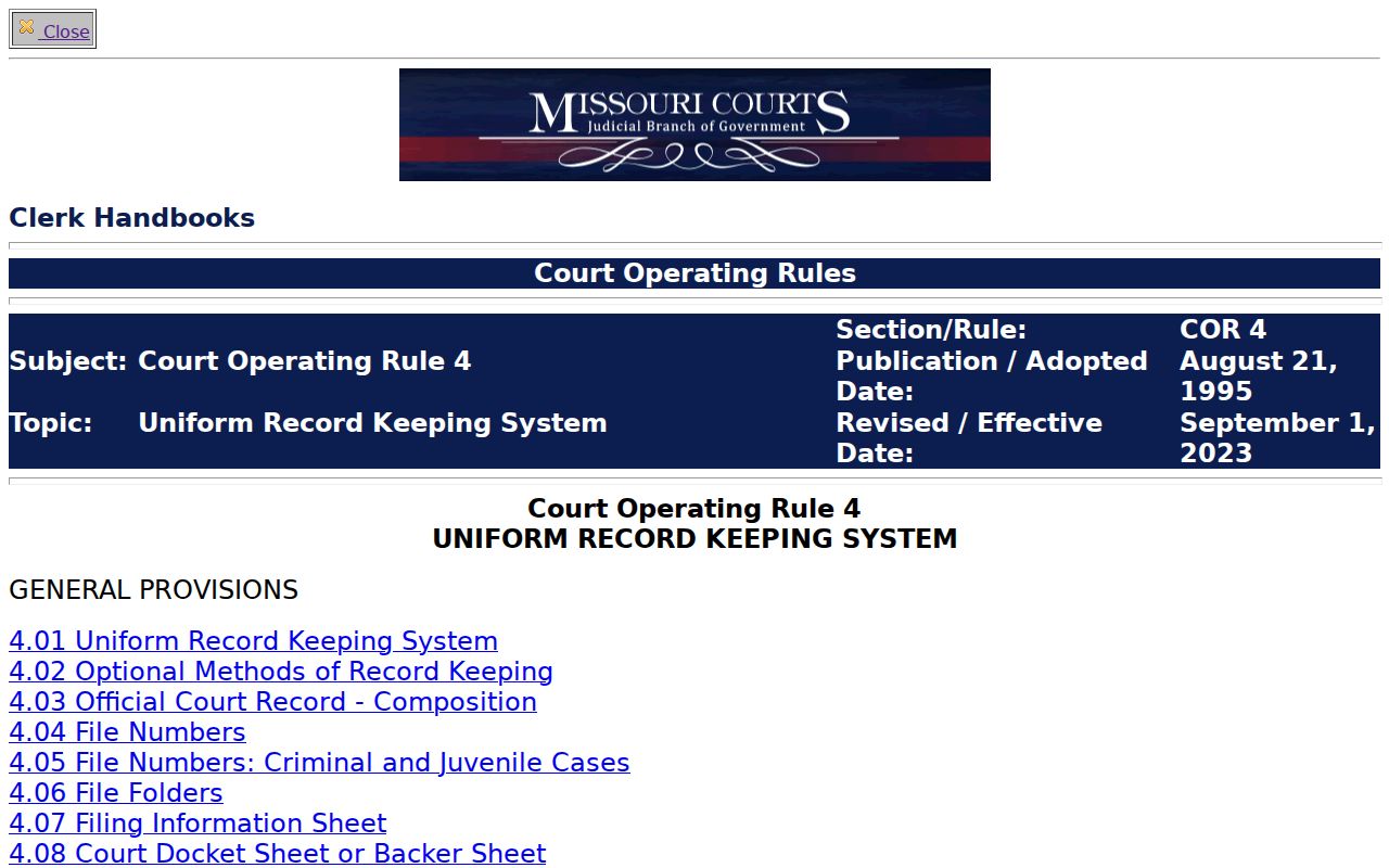 Shelby County criminal court case access under Missouri Court Operating Rule 4