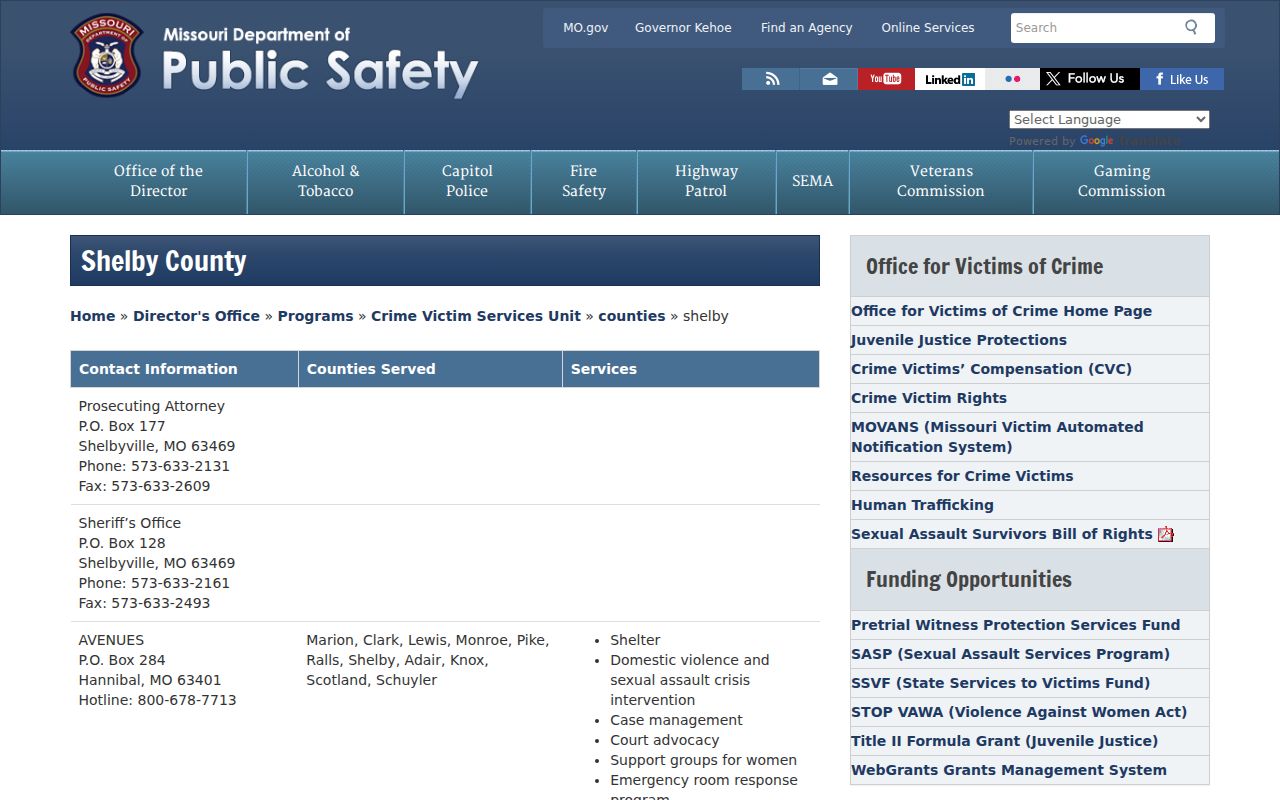 Shelby County sex offender registry and victim services resources