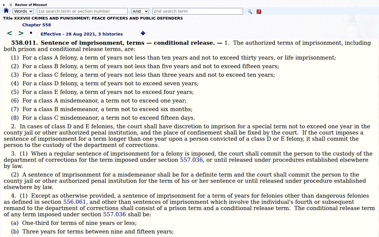 Shelbyville Shelby County criminal records Missouri imprisonment ranges